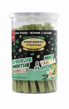 Bâtons à mâcher naturels pour chien à saveur de menthe et vanille, qui aident à nettoyer les dents