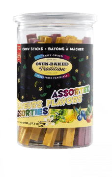 All natural chew sticks 500 g for dogs, assorted flavors including banana, help clean teeth