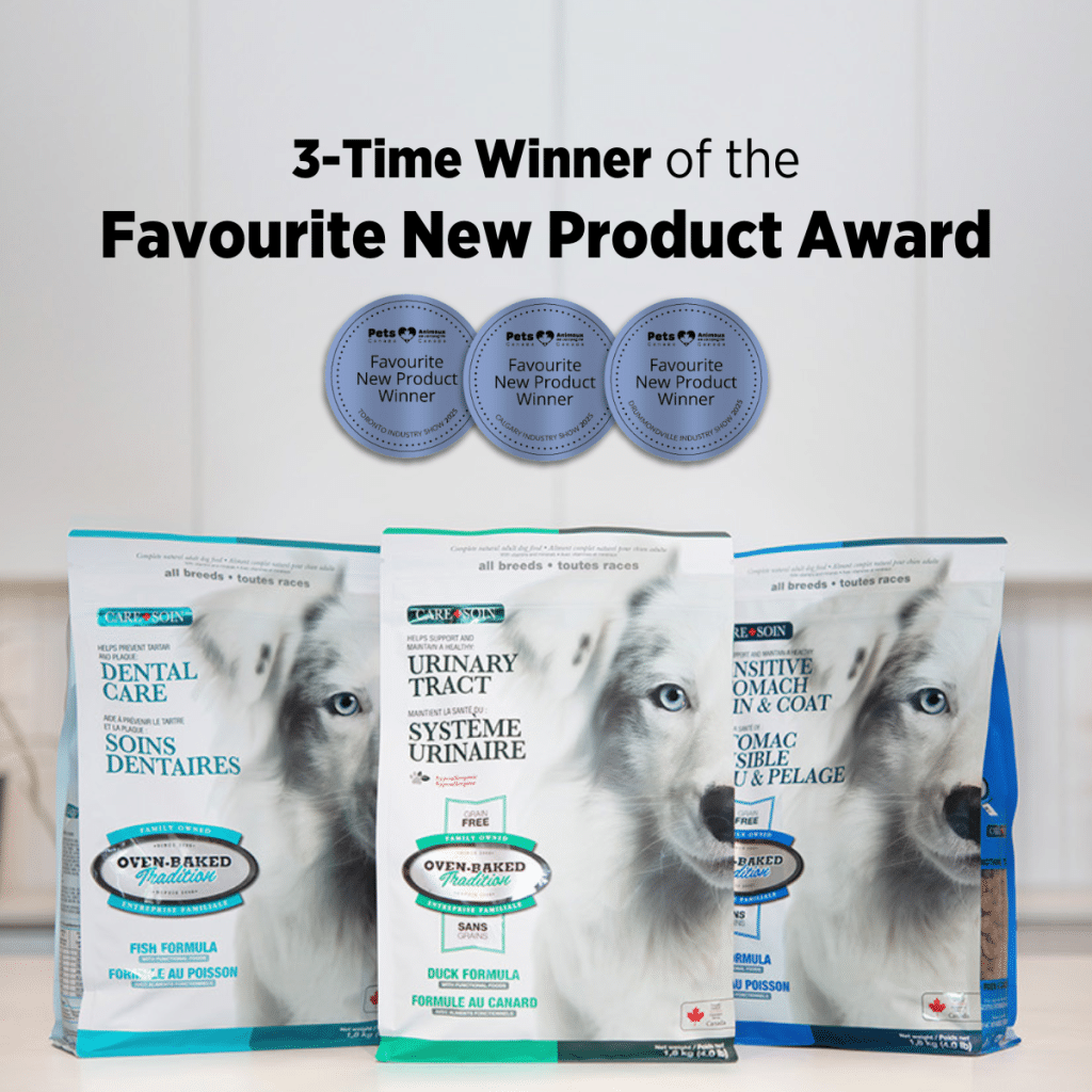 Three bags of Oven-Baked Tradition Care preventive dog food for urinary, dental, sensitive stomach, and coat health – Pets Canada 2025 award winner