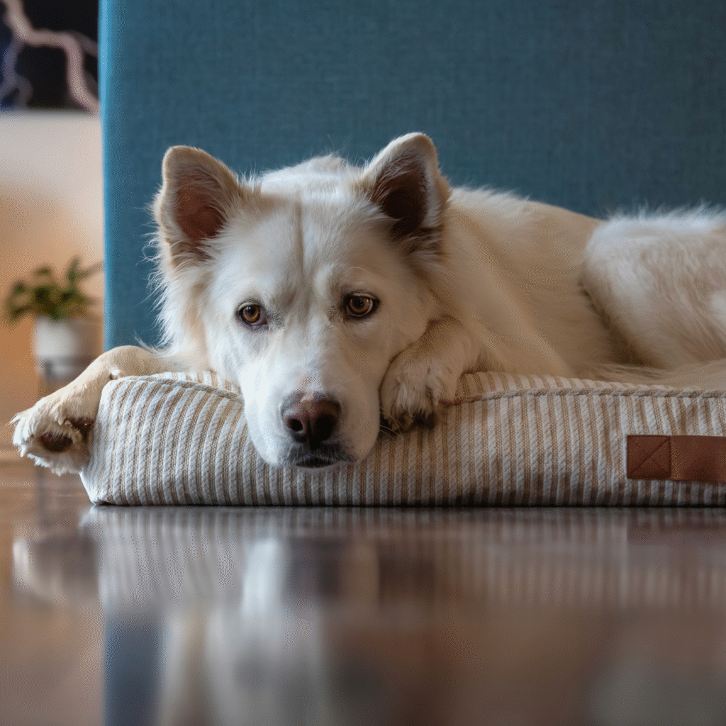 An anxious dog lying on its bed after a change in routine caused by the back-to-school season