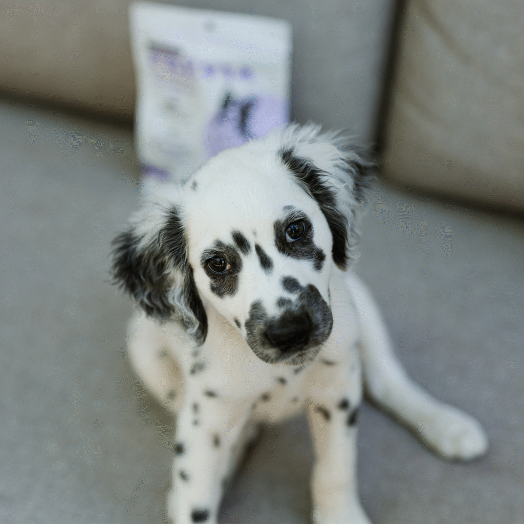 Dog sitting on a sofa beside a bag of Prévia Calmant functional dog treats for stress and anxiety support