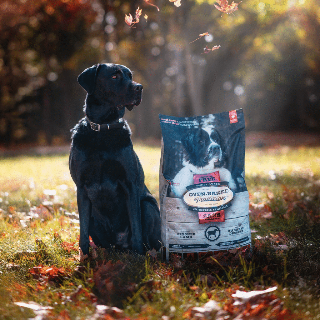 Chien de grande race avec sac de nourriture sans grains à l’agneau pour soutenir les articulations.